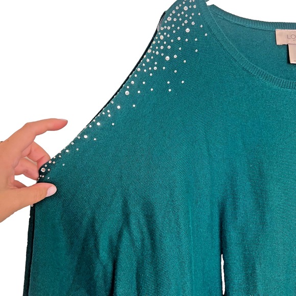 Loft Cold Shoulder Sweater Dark Kelly Green Sweater Rhinestones Sz Large Holiday - Picture 5 of 7